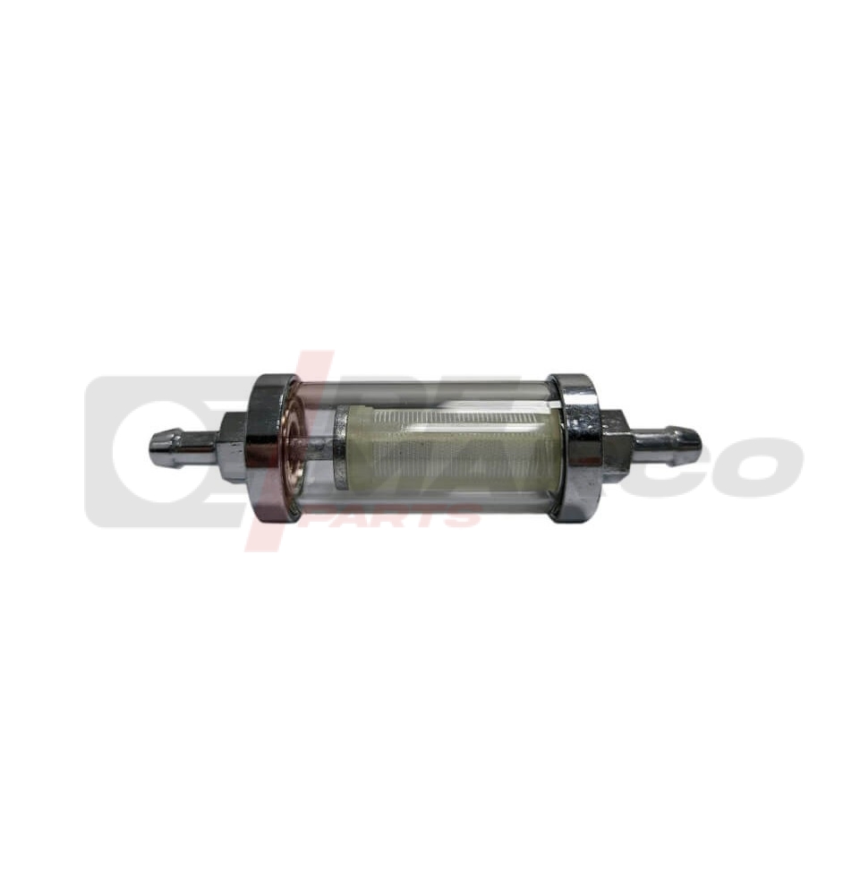 Filtro de gasolina de vidrio con base de metal cromado para tubos con un diámetro interior de 5 a 7 mm