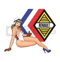 Pegatina pin-up con el logotipo de Renault sobre fondo blanco