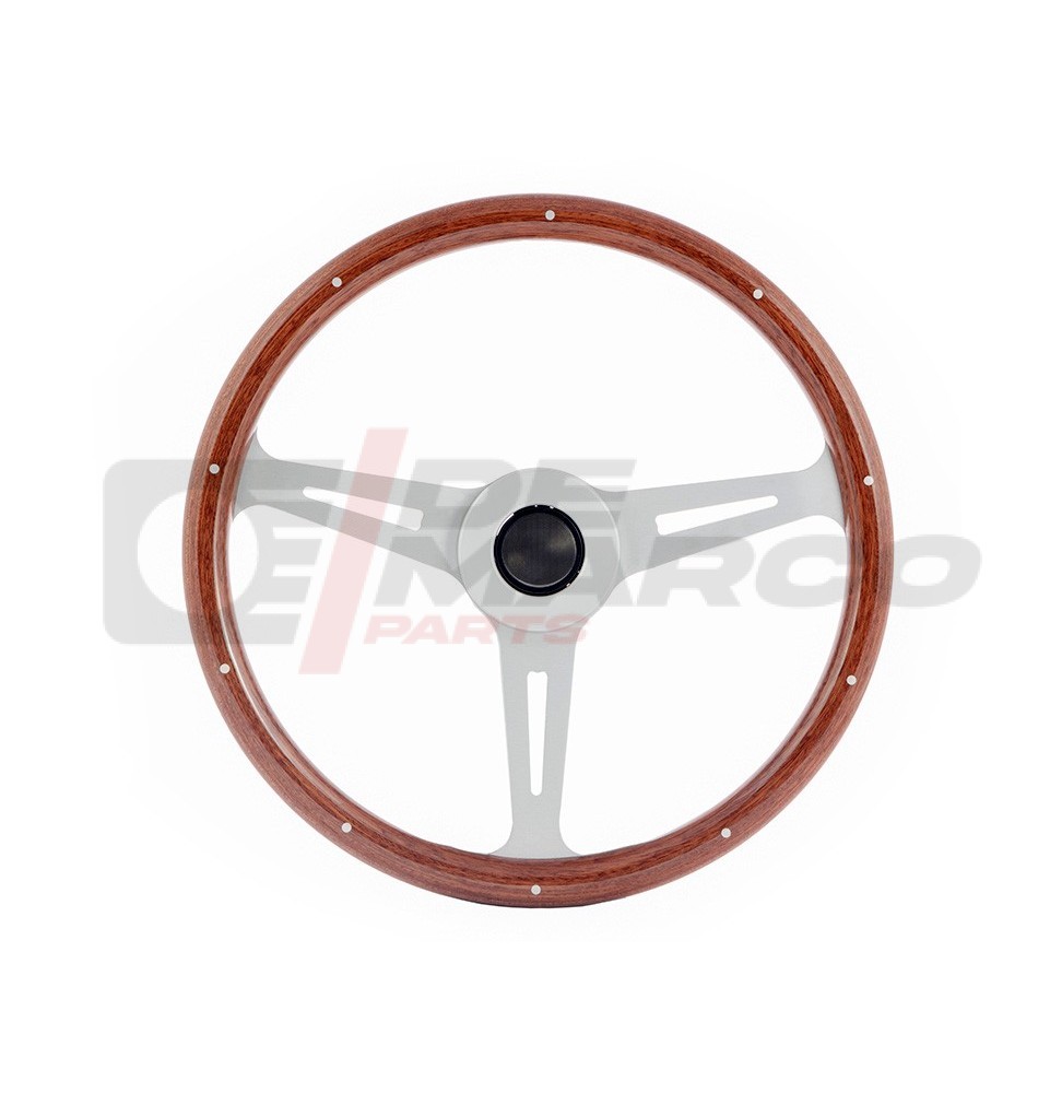 Volante de madera con radios anodizados en plata, apto para vehículos clásicos Renault, Volkswagen y Citroën.