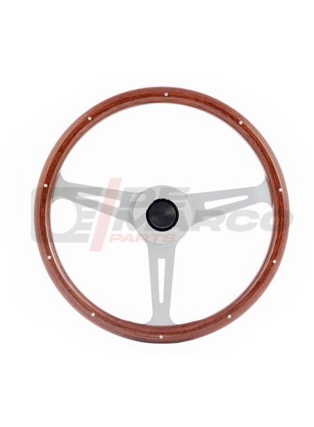 Volante de madera con radios anodizados en plata, apto para vehículos clásicos Renault, Volkswagen y Citroën.