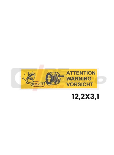 Autocollant jaune avec le mot "Attention" en plusieurs langues à utiliser sur les véhicules Renault vintage.